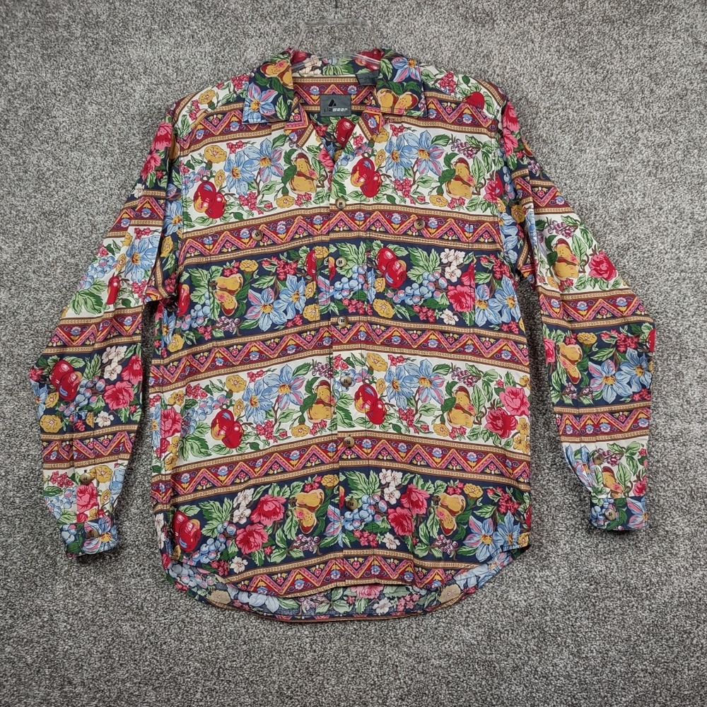LizWear Rayon Button Down Shirt All Over Print Fruit and Floral Women's Small